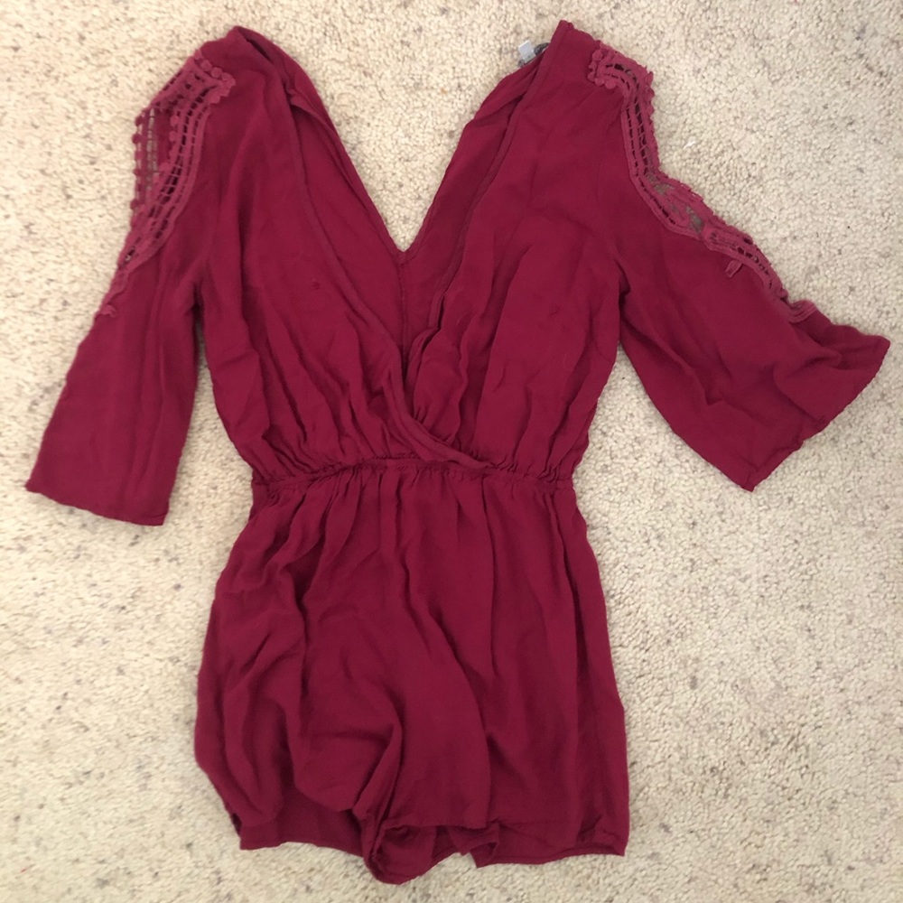 Red lace sleeve romper